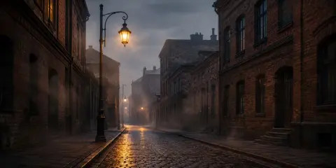 Mroczna, brukowana ulica w starym mieście, gdzie latarnie rzucają złote światło na mokry bruk. Mgła unosi się między ceglanymi kamienicami, tworząc atmosferę jakby miasto w ogniu, choć płomieni nie widać.