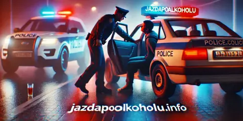 Policjant zatrzymuje kierowcę. Na dachu radiowozu napis "JAZDA PO ALKOHOLU". To przypomnienie o **limicie alkoholu w Polsce**.