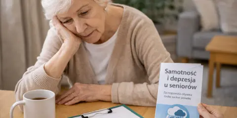 Smutna starsza kobieta z kubkiem herbaty. Na stole dokumenty i broszura "Samotność i depresja u seniorów". Zakażenie układu moczowego u osób starszych objawy mogą być mylone z depresją.
