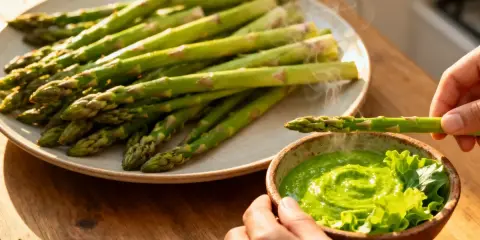 Une main trempe une asperge dans une sauce verte onctueuse, parfaite pour une recette sauce asperges. Des asperges cuites à la vapeur sont sur une assiette à côté.