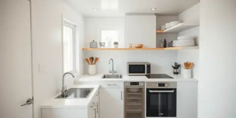 Aménagement petite cuisine 2m2 : évier, plaque induction, four, micro-ondes et rangements optimisés dans un espace minimaliste et lumineux.