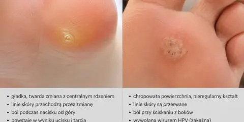 Porównanie kurzajki i odcisku na stopie. Kurzajka jest chropowata i wywołana wirusem HPV, a odcisk gładki i powstaje od ucisku.