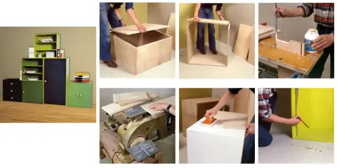 Étapes pour construire un meuble de rangement : assemblage de caissons en bois, ponçage et collage.