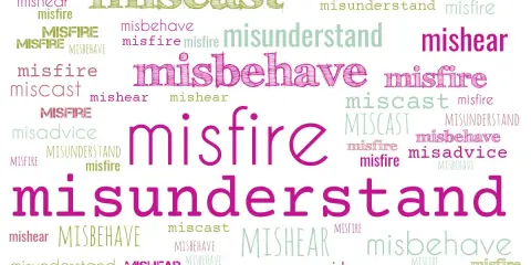 Prefix "co to" - słowa takie jak miscast, misfire, mishear, misbehave, misadvise, misundertand tworzą chmurę słów.