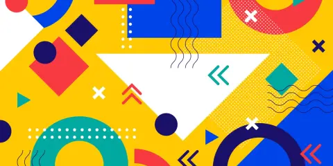 Kolorowe kształty geometryczne tworzą dynamiczne tło na wizytówkę.