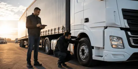 Deux hommes inspectent un camion blanc, l'un vérifiant la roue, l'autre tenant une tablette. Le transport moteur hors bord sur remorque est prêt pour la route.