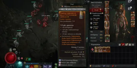 Diablo 4: Nekromanta build PL. Postać w zbroi, z szkieletami u boku. Ekran ekwipunku pokazuje spodnie z bonusem do przywołań.