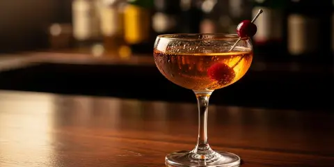 En klassisk manhattan drink med körsbär, serverad i ett elegant glas på en träbar.