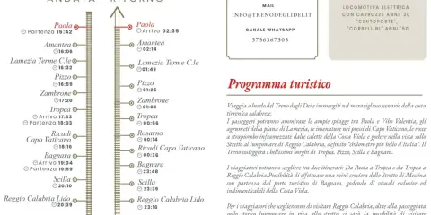 Itinerario del treno storico da Paola a Reggio Calabria, con tappe a Tropea, Scilla e altri borghi.