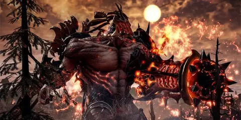 Un demonio de fuego con armadura oscura y un sol naranja en el cielo. ¡Perfecto para tus juegos gratis Steam!