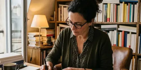 Une femme rédige des manuscrits dans son bureau, entourée de livres. Elle travaille pour une maison d'édition poésie.