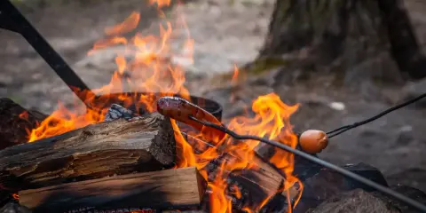 En korv grillas över en sprakande eld. En härlig eld brasa som värmer och ger mat.