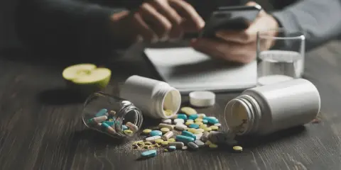 Kapsułki i tabletki rozsypane z buteleczek na drewnianym stole, obok jabłka i szklanki wody.