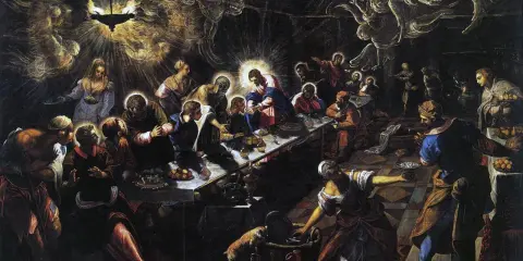 Le festin chez Simon le Pharisien, une œuvre de Jacopo di Robusti, dit Le Tintoret. Jésus est au centre, entouré d'anges et de convives.