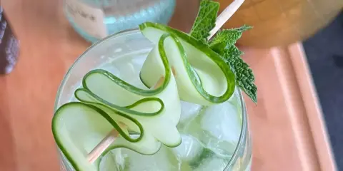 Un gin tonic concombre rafraîchissant, garni de fines lamelles de concombre en spirale et de feuilles de menthe fraîche.