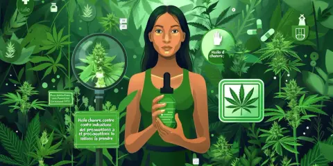 Une femme tient une bouteille d'huile de chanvre au milieu de plantes de cannabis. L'image illustre les bienfaits de l'huile de chanvre.