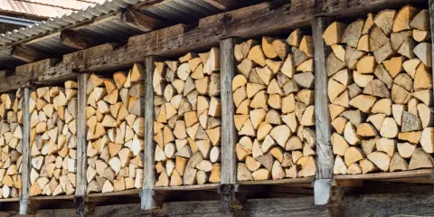 Drewno ułożone na paletach pod zadaszeniem. Widać, jak układać drewno na palecie, aby było stabilne i dobrze się suszyło.