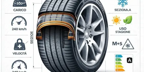 Gomma estiva con indicazioni su carico, velocità, sezione, diametro, stagionalità (M+S) e classe energetica.