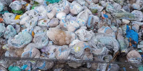 Góra zużytych pieluch i śmieci. Pytanie "gdzie wyrzucać pampersy" nabiera tu szczególnego znaczenia.