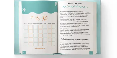 Książka "Czasy angielskie w pigułce" z kalendarzem dni tygodnia i tekstem motywującym do nauki.