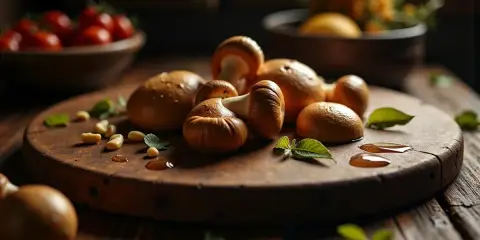 Surowe pieczarki na pizze, czosnek i listki mięty na drewnianej desce. W tle miska z pomidorkami.