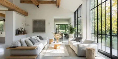 Salon lumineux avec poutres apparentes, rappelant l'esprit d'une maison hangar. Deux canapés blancs font face à une grande baie vitrée.