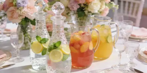 Elegancko nakryty stół weselny z karafkami wody z cytryną i miętą oraz dzbankami z owocowymi napojami. Idealne na wesele, ile soków na wesele!