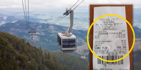 Kolejka linowa na Kasprowy Wierch i paragon fiskalny.