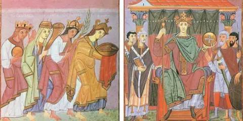 Darstellung der Herrschaft im Mittelalter: Eine Prozession von Frauen mit Kronen und Gaben nähert sich einem Thron, auf dem ein König mit Krone und Reichsapfel sitzt.