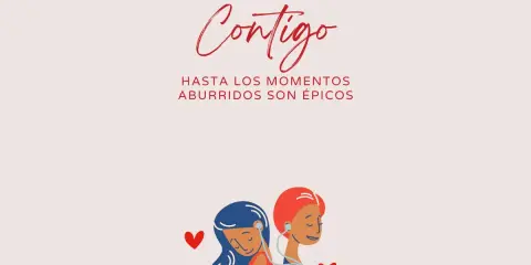 Ilustración con frases de amistad para niños: "Contigo hasta los momentos aburridos son épicos". Dos niñas con auriculares comparten un momento especial.