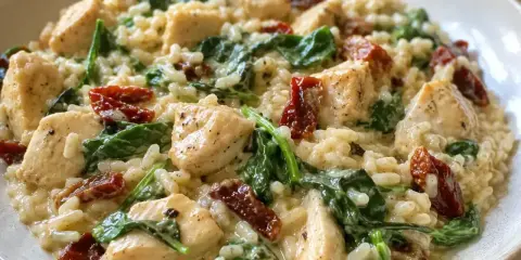 Pyszna pierś z kurczaka z suszonymi pomidorami i szpinakiem w kremowym risotto. Ania gotuje mistrzowsko!