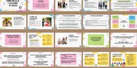 Grafika przedstawia kolaż slajdów z poradami dotyczącymi szacunku i dobrych relacji w szkole.