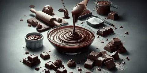 Une cuillère en bois verse une sauce chocolat onctueuse dans un bol en verre. Des carrés de chocolat, du sucre et un rouleau à pâtisserie complètent cette scène gourmande.