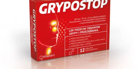 Opakowanie leków na grypę Grypostop, z wizerunkiem głowy z zaznaczonymi objawami. Pomaga zwalczyć gorączkę, kaszel i ból.