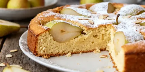 Gâteau poire moelleux, saupoudré de sucre glace et garni de fines lamelles d'amandes. Des poires fraîches sont intégrées dans la pâte.