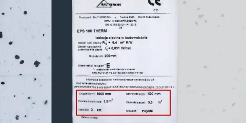 Etykieta produktu EPS 100 THERM. Grubość 200mm, powierzchnia krycia 1,5m². Ile styropianu 5 cm w paczce m2? Objętość paczki 0,3 m³.
