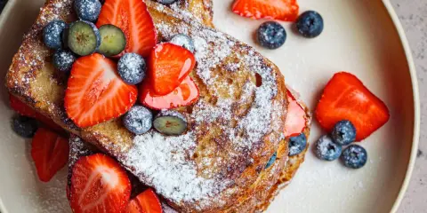 En hög med gyllene french toast, toppad med färska jordgubbar, blåbär och pudersocker. Ett perfekt recept för en lyxig frukost.