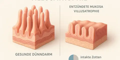 Comparación de vellosidades intestinales: sanas y atrofiadas. La atrofia vellositaria puede ser causada por la anti transglutaminasa.