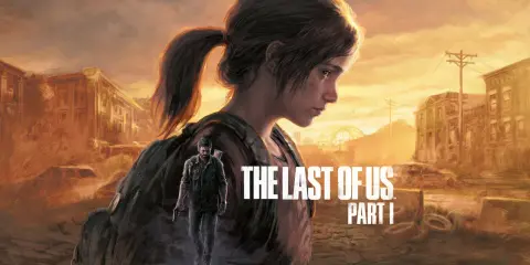 Ellie patrzy w dal, a Joel idzie za nią przez zniszczone miasto. To okładka gry The Last of Us Part I.