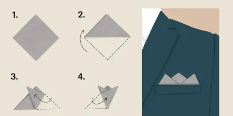 Learn how to fold a pocket square for a tux with this "Three Point" fold tutorial. The steps show a square being folded into a sharp, triangular shape for a sophisticated look.