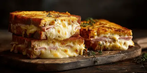 Deux croque monsieur au four empilés, leur fromage fondant dégouline. Un plat réconfortant et gourmand.