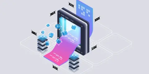Server che elaborano dati, con cubi blu che fluttuano. Un flusso di dati viola e rosa esce da un tablet, mostrando come sql è un linguaggio di programmazione.