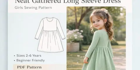 Niña con vestido verde de manga larga y patrón de costura.