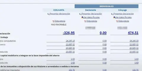 Comparativa de declaraciones: conjunta (-326,95) vs. individuales (0,00 y 474,51). La opción conjunta es la más favorable, una deducción clara.