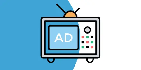 Stylizowany telewizor z napisem "AD" na ekranie. Ilustracja symbolizuje wady i zalety reklamy, która dociera do szerokiej publiczności, ale bywa też uciążliwa.