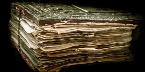 Un antico libro rilegato in metallo, con pagine ingiallite e consumate, evoca il mistero del manoscritto di Voynich.