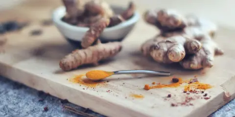 Curcuma fraîche et en poudre sur une cuillère, prête pour le dosage. Idéal pour le bien-être de votre chien.