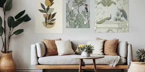 Un salon moderne avec un canapé gris, des coussins texturés et un mur de cadre orné de trois tableaux : art abstrait, oiseaux et paons dans un jardin.