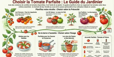 Guide du jardinier : différentes variétés de tomates, des précoces aux tardives, idéales pour salades, sauces, apéros. Tomates cerises pour la culture en pot.