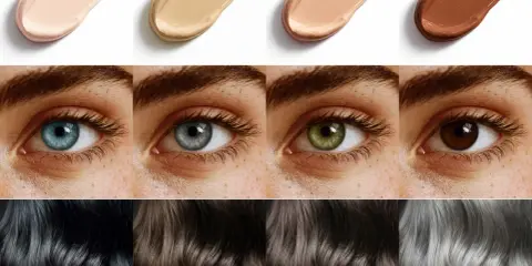 Vier Foundation-Tupfer, vier Augenfarben (blau, grau, grün, braun) und vier Haarfarben (schwarz, dunkelbraun, hellbraun, grau) – perfekt für jeden wintertyp haarfarbe.